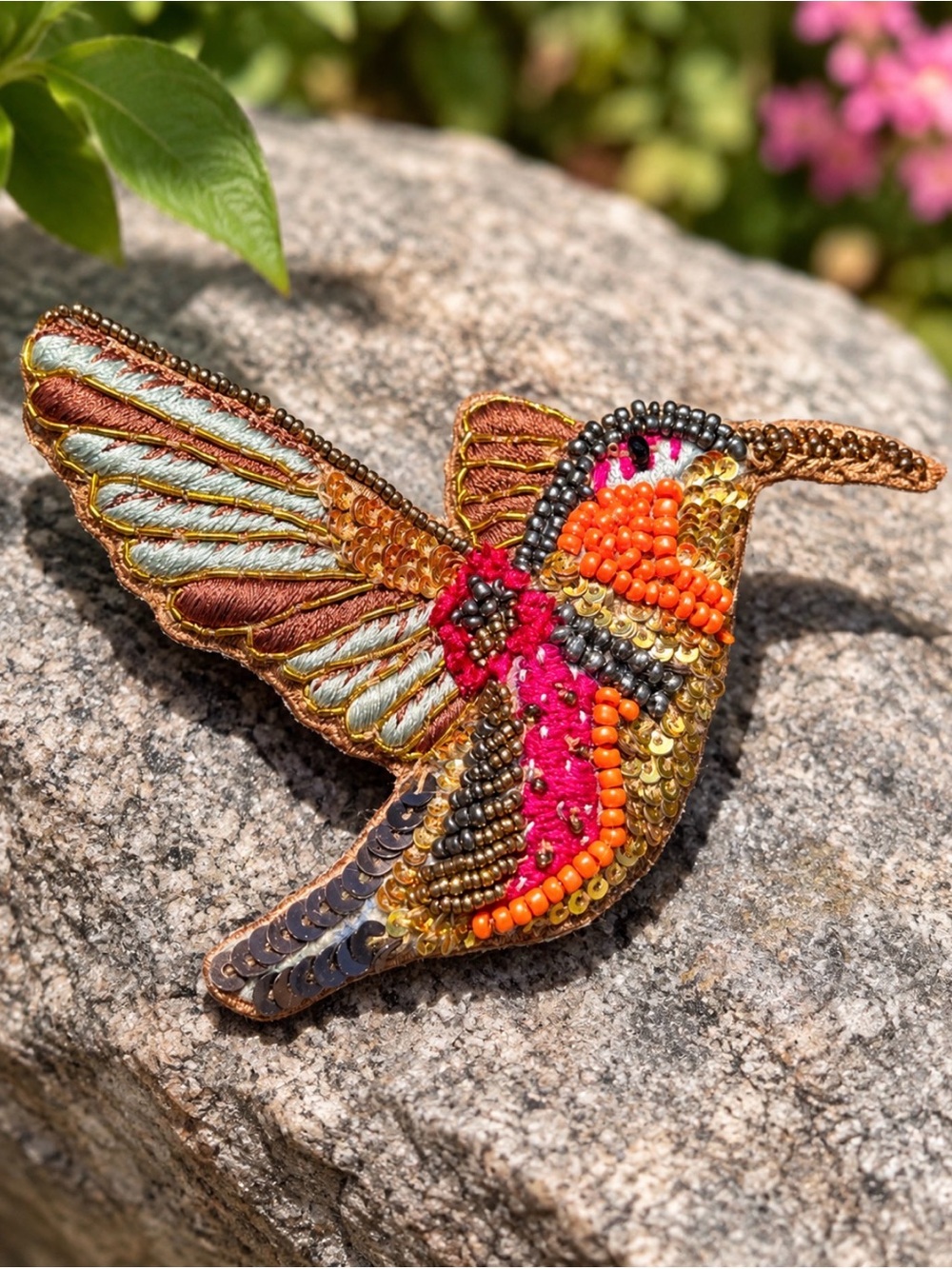 Artisan Hand Beaded Hummingbird Brooch Sequin Embroidered Statement Pin